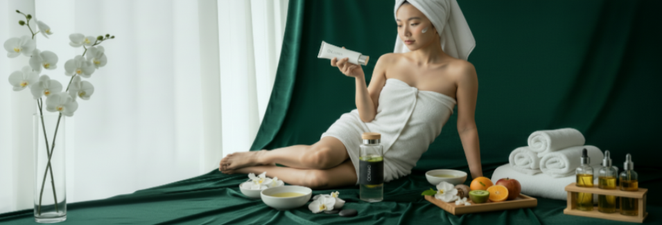 Green velvet, with a beautiful Korean women wearing just a towel, laying down whilst putting on one of my beauty products with my logo on it and a 1L instagram style drink bottle by her feet, with my logo - for a shopify footer image